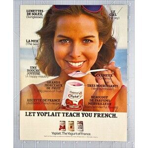 Yoplait Yogurt "Let Yoplait Teach You French" Beach+ Women Vintage Print Ad 1985